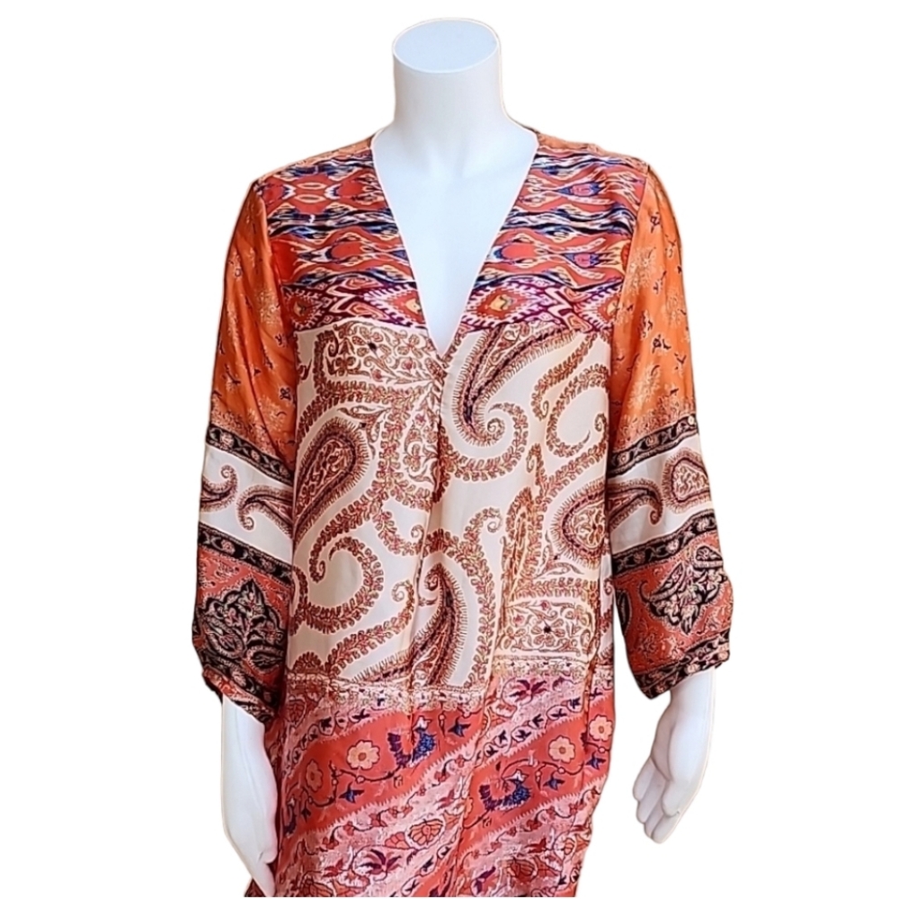 ZARA Paisley Tunic Top L Satin Blouse Orange Long Shirt Boho Convertible Sleeves - Picture 4 of 15